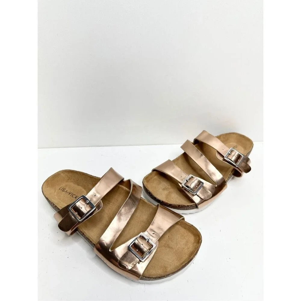 Lisa Vicky Womens Rose Gold Metallic Triple Strap Cork Footbed Sandals Size 6M‎
